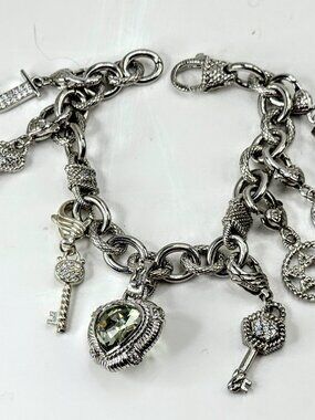 Vintage Judith Ripka Sterling Silver Multi Charm Link Bracelet 8 Inch JR1699